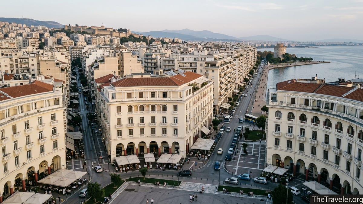 Aerial view of Thessaloniki’s Aristotelous Square opening onto the waterfront promenade.