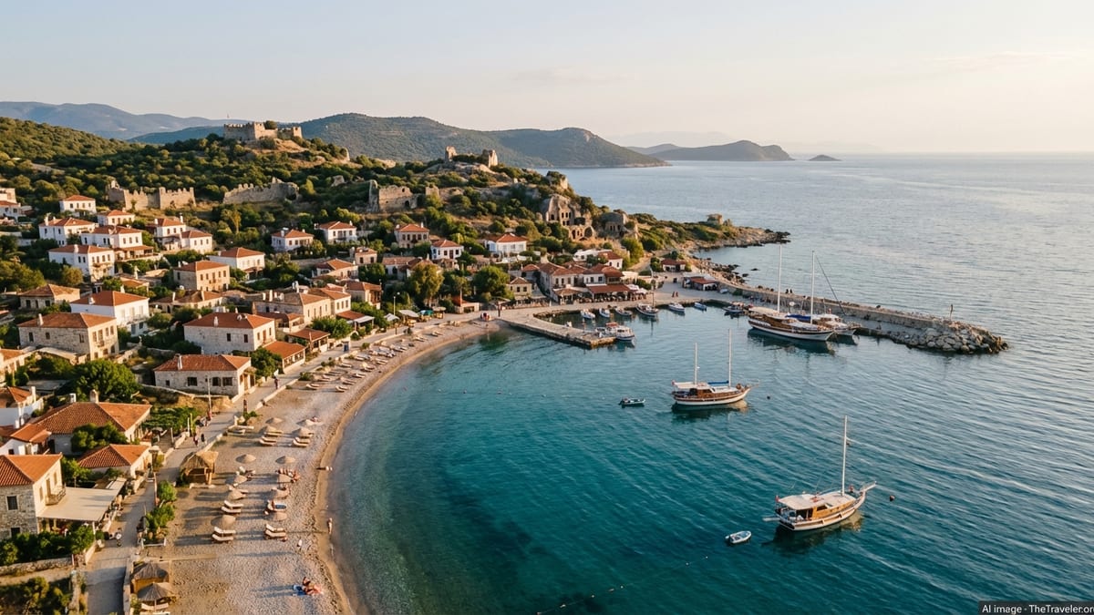 A Turkish coastal town with red-roofed houses beside a turquoise bay at sunset.