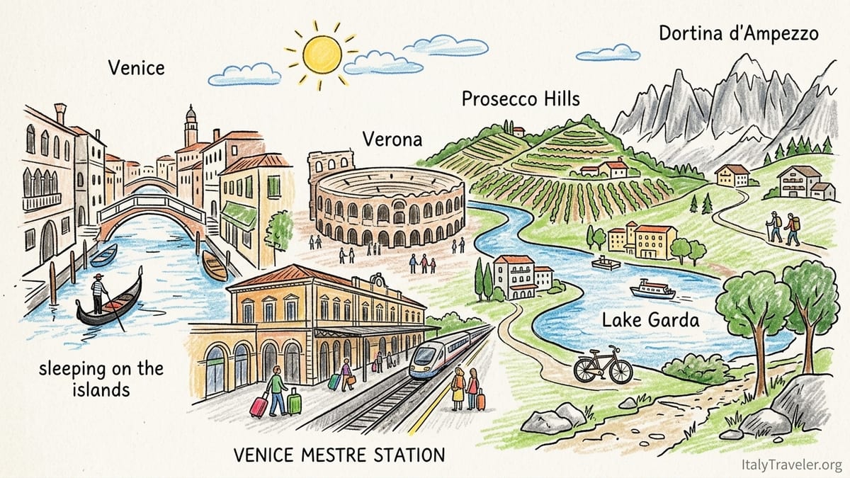View of Veneto hillside vineyards leading to a lakeside town and distant Dolomite peaks at sunset.