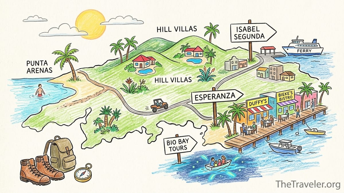 Vieques coast showing Esperanza’s Malecón vibe and a quieter north shore shoreline at golden hour.