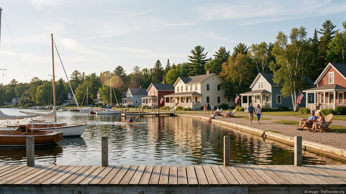 Wisconsin lakeside town at golden hour with sailboats, dock and small waterfront inns.