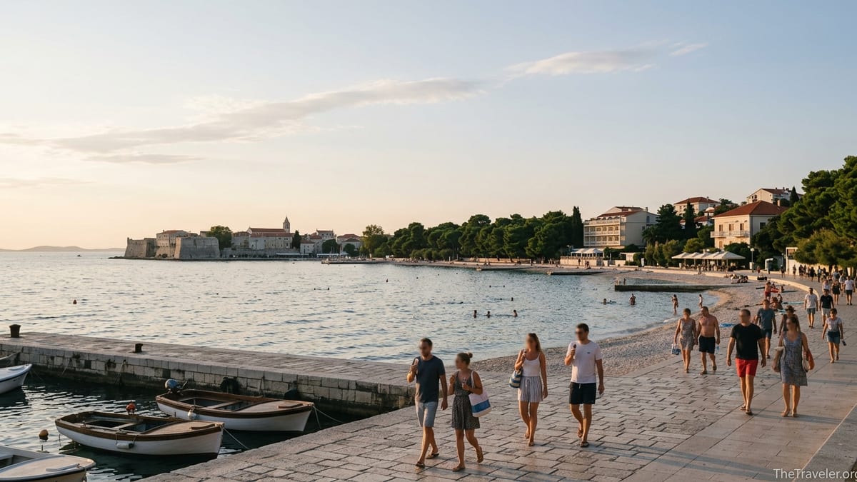 Seafront view of Zadar showing Old Town peninsula and nearby beach districts at sunset.