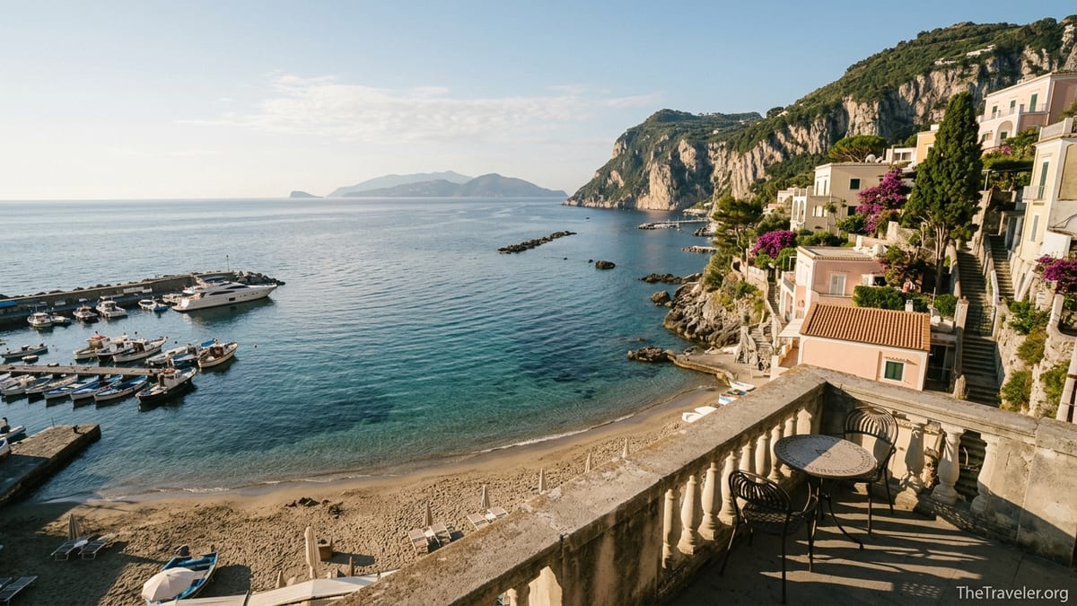 Italian island coastline at sunrise with sandy beach, harbor and pastel hillside village.