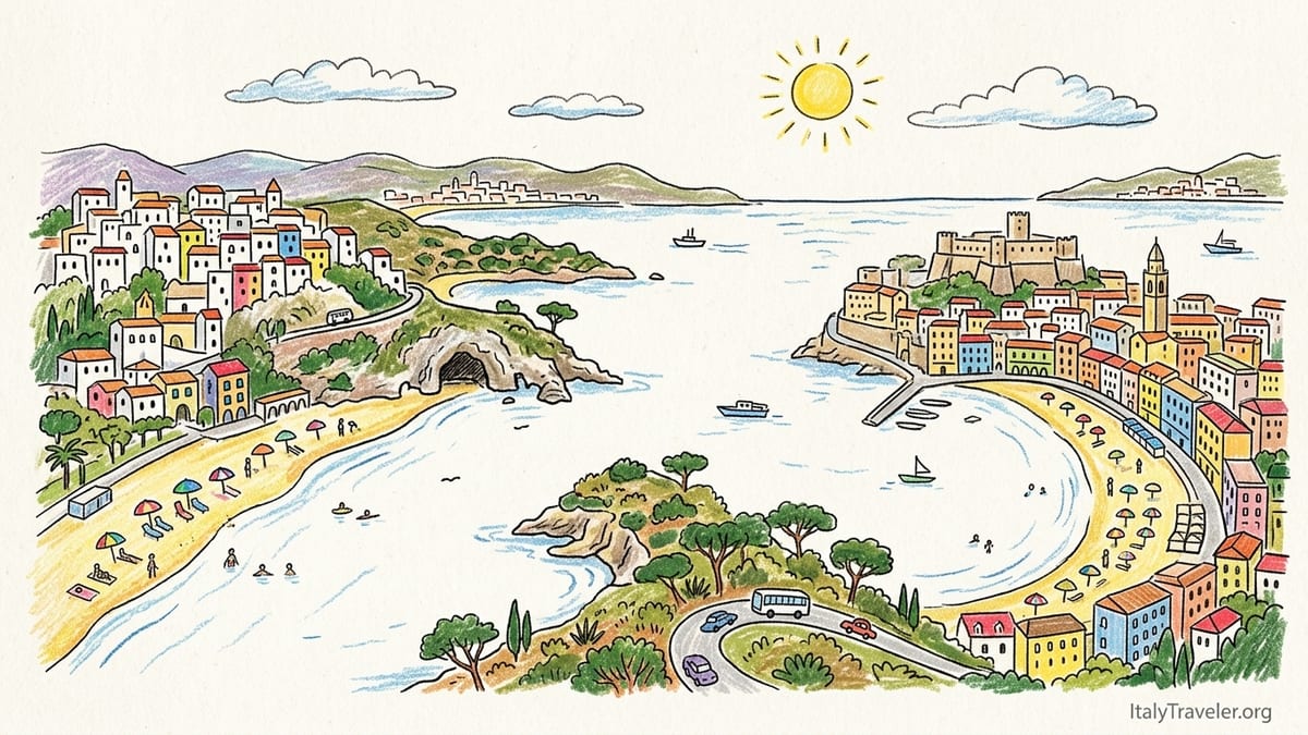 View of Sperlonga’s whitewashed hill town above a long sandy beach on the Lazio coast at sunset.