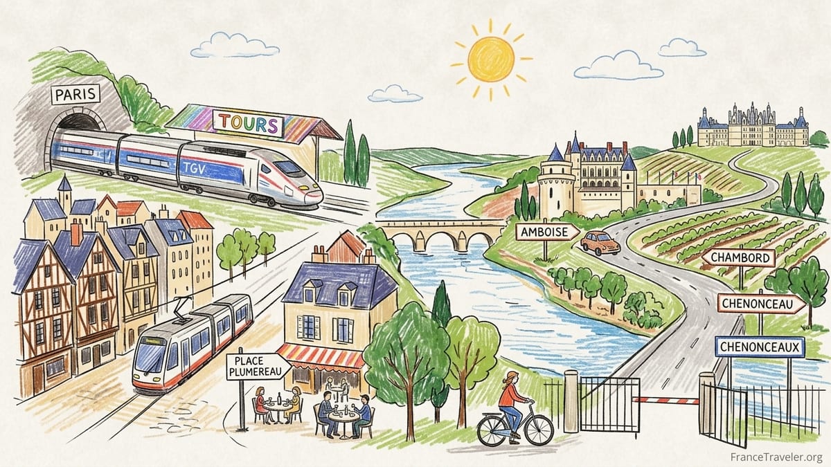 Evening view of Amboise over the Loire River with château, bridge and historic town.