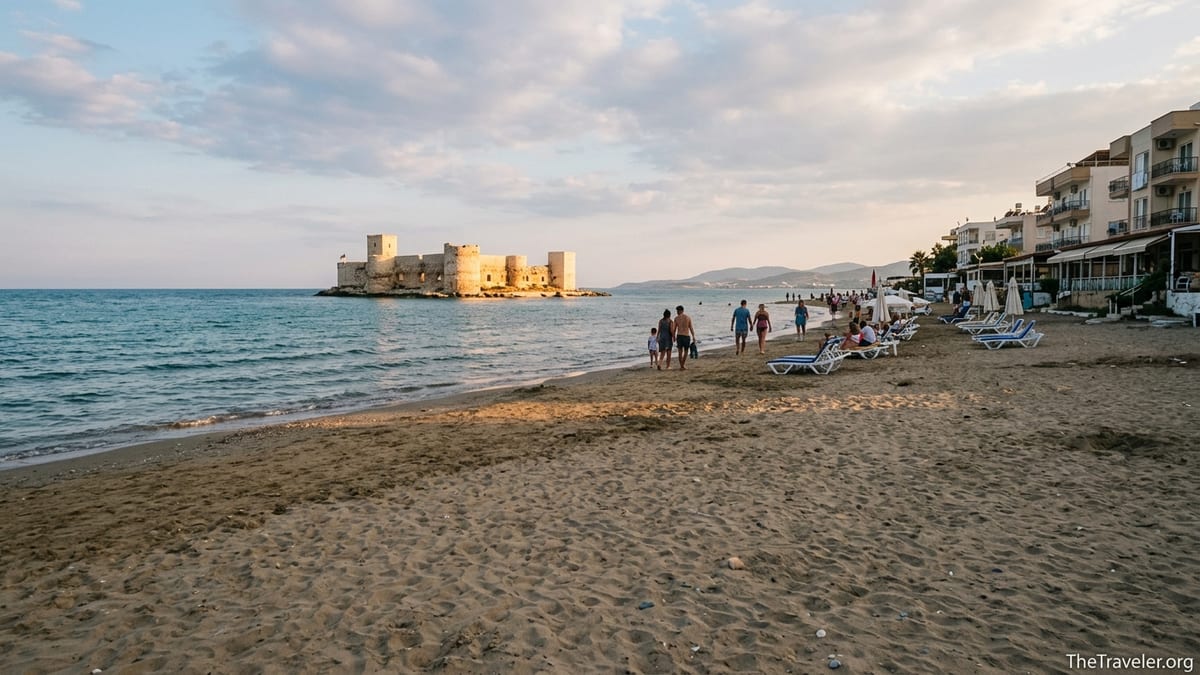 Early evening view of Kızkalesi beach and Maiden’s Castle on Turkey’s Mediterranean coast.