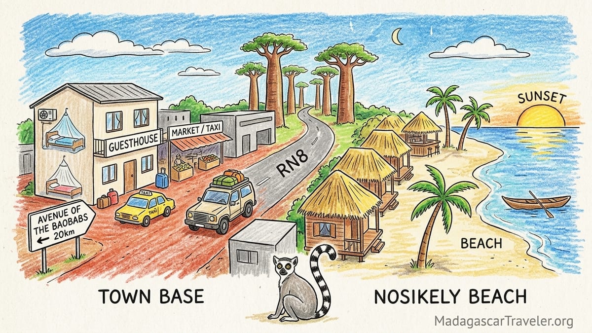 View over Morondava showing Nosikely beachfront lodges, town streets and road leading inland at dusk.