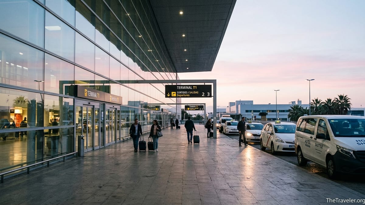 Early-morning scene outside Barcelona El Prat Airport with taxis, shuttle and travelers.
