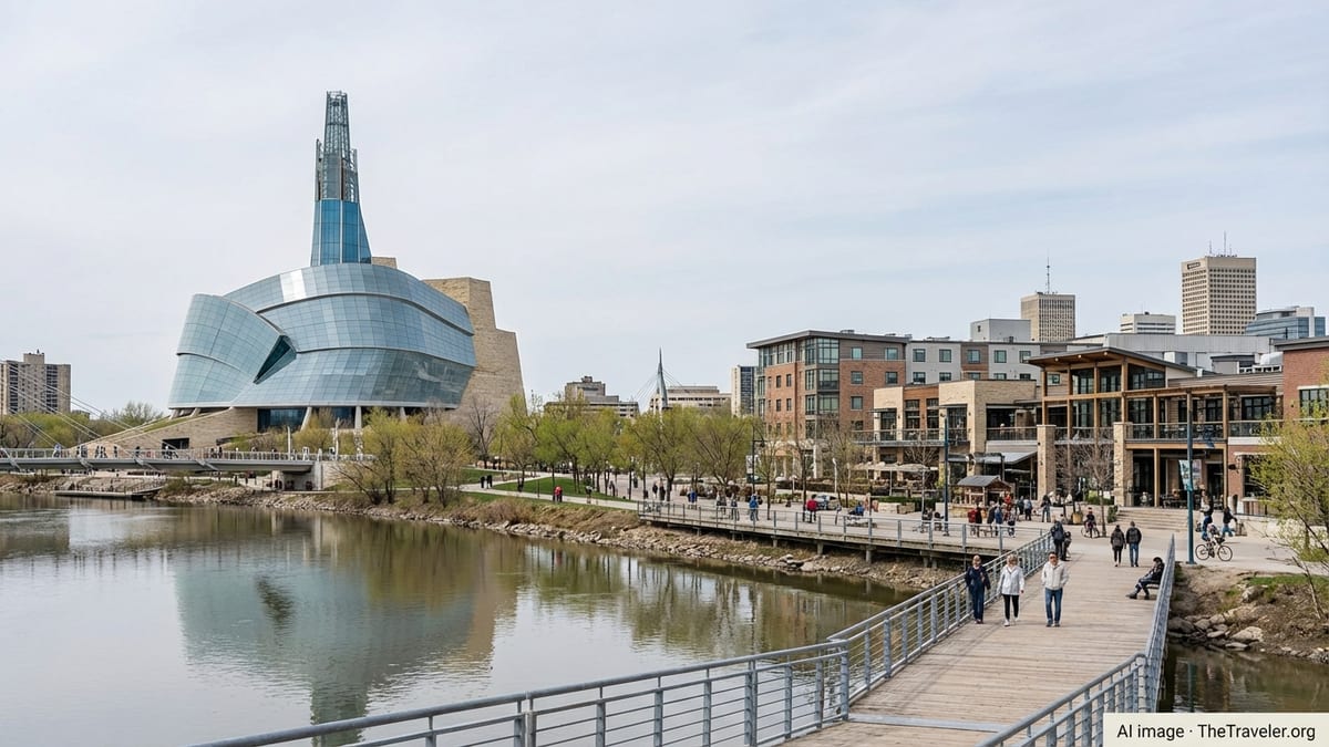 View of the Canadian Museum for Human Rights and nearby buildings along Winnipeg’s riverfront at The Forks.