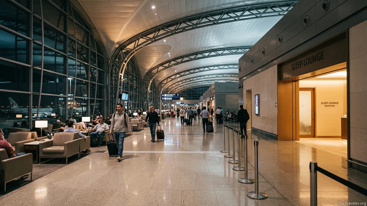 Night view inside Doha Hamad International Airport with nearby airport hotel entrance.