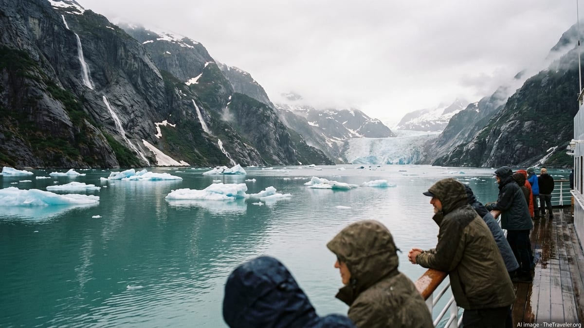 Small cruise ship in icy Endicott Arm fjord near Juneau with cliffs, waterfalls and distant glacier.