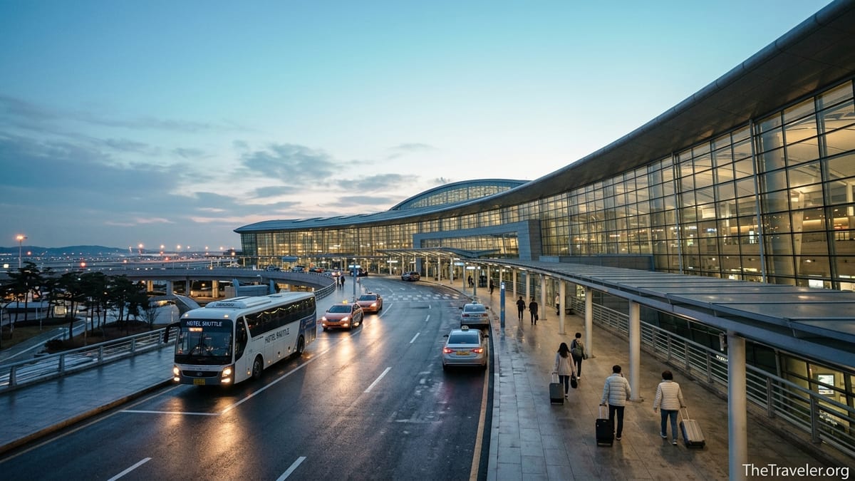 Early morning view of Incheon Airport terminal with hotel shuttles and travelers.
