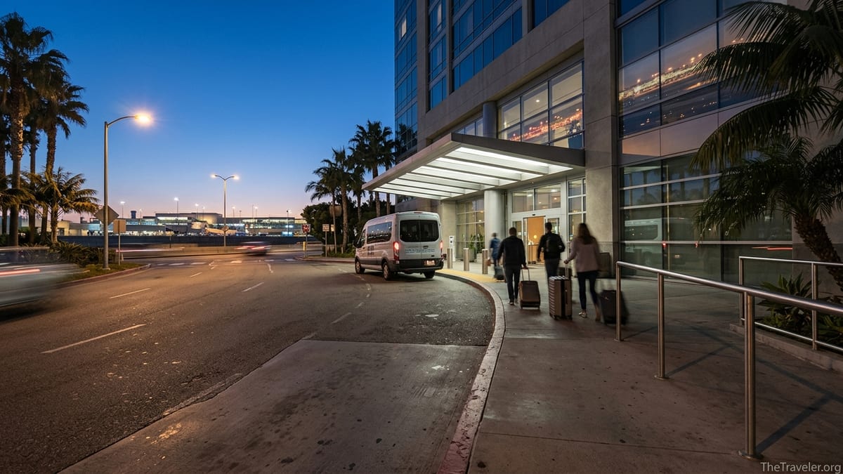 Traveler boarding an airport shuttle outside a hotel near LAX before sunrise.