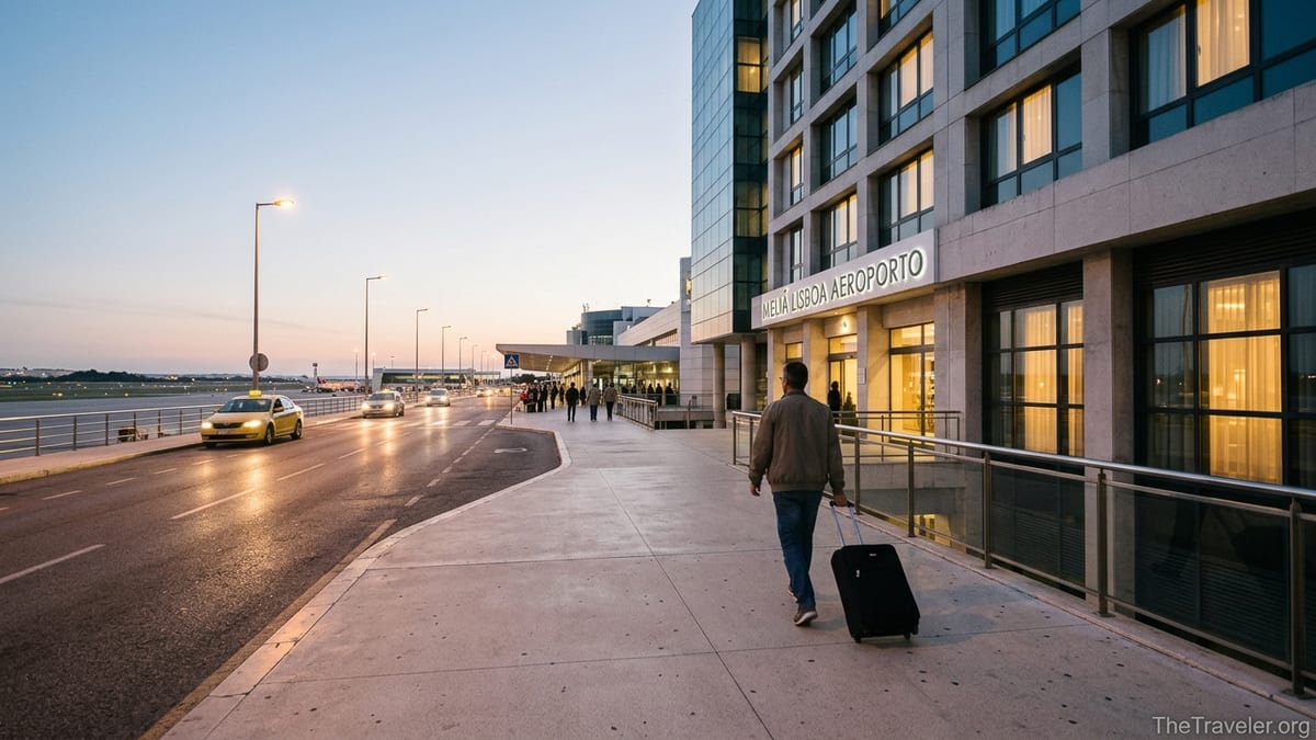 Traveler walking with suitcase along sidewalk toward a modern hotel near Lisbon Airport at dusk.