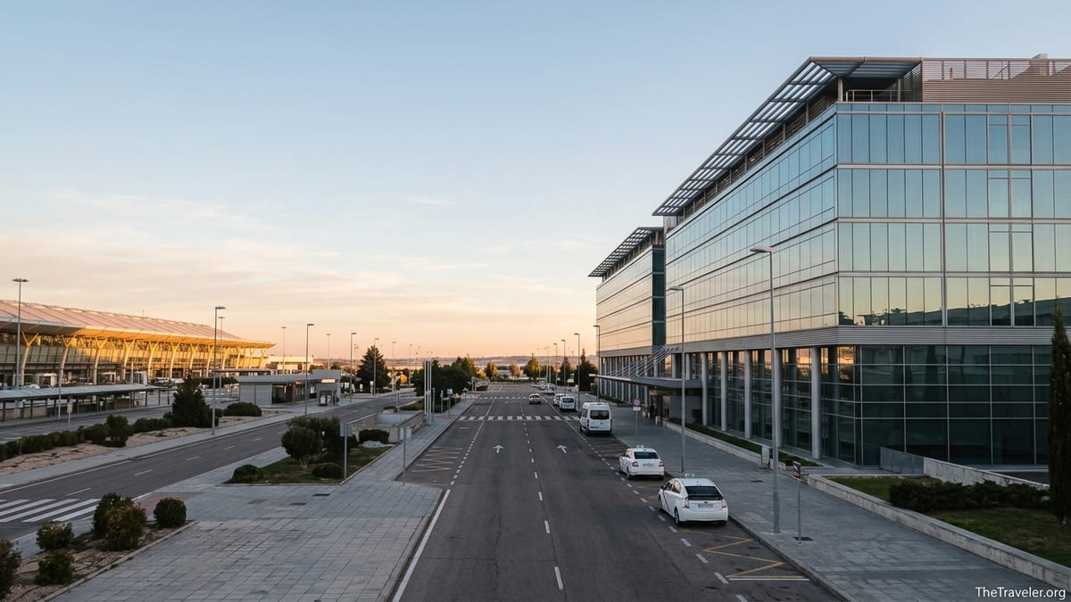 Early morning outside a modern hotel near Madrid Barajas Airport with taxis and terminal in the distance.