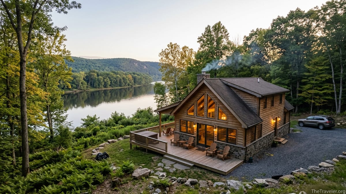 Rustic cabin near the Delaware River in the Poconos at sunset with forested hills behind.