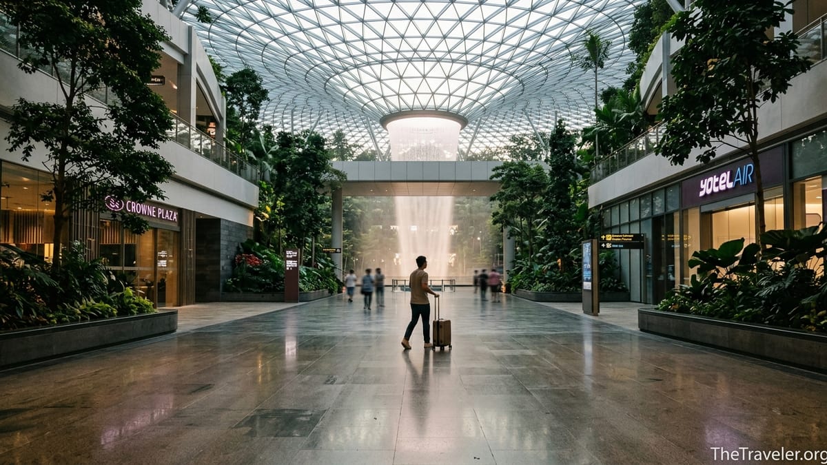 Traveler walking past hotels inside Singapore Changi Airport’s Jewel complex in the evening.
