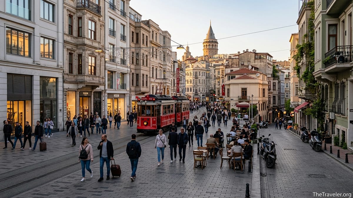 Evening street scene near Taksim Square leading into İstiklal Caddesi in Istanbul.