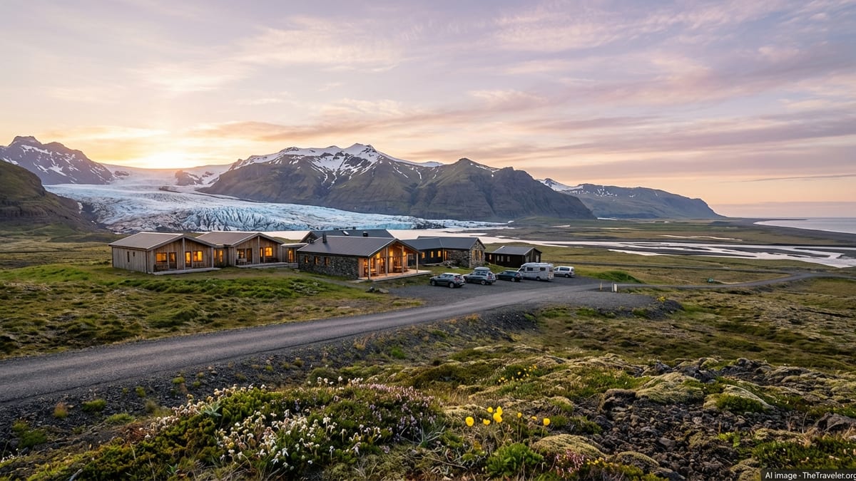 Countryside guesthouse near Vatnajökull with glacier and grassy plains at sunset.