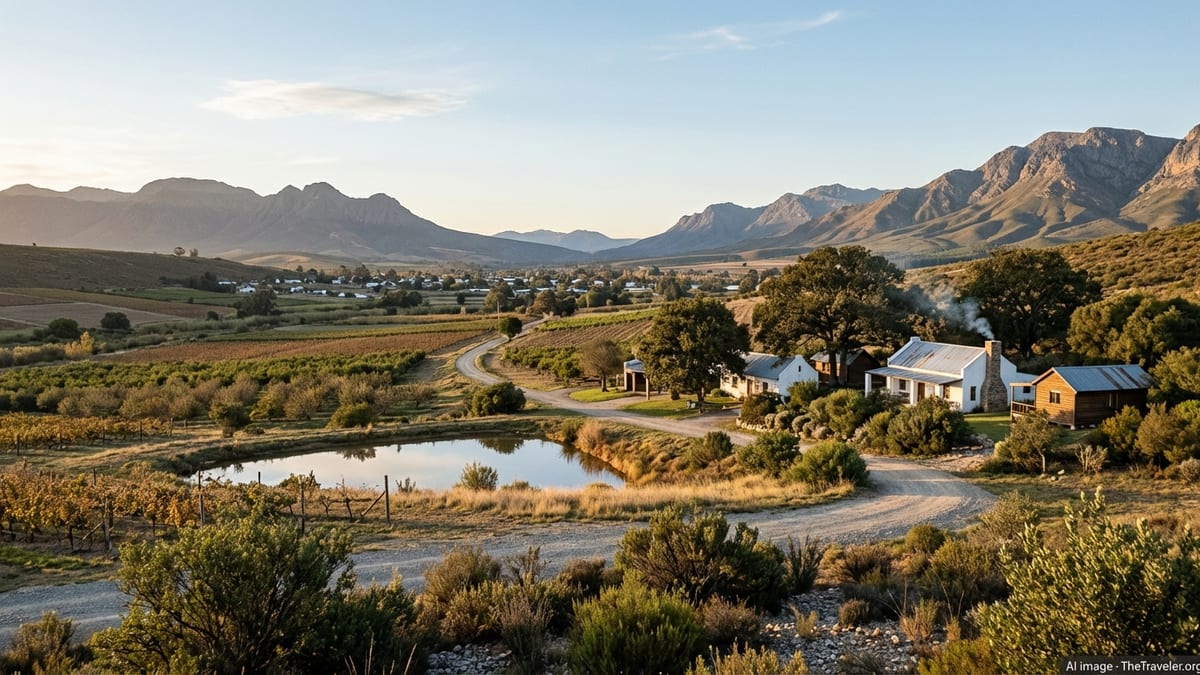 Rural cottages and vineyards near Wolseley with mountains in the background at sunrise.