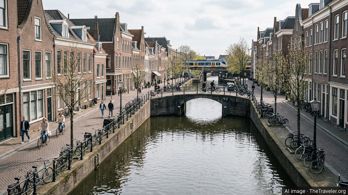 Canal and gabled houses in a Dutch city with bicycles and bridge on an overcast day