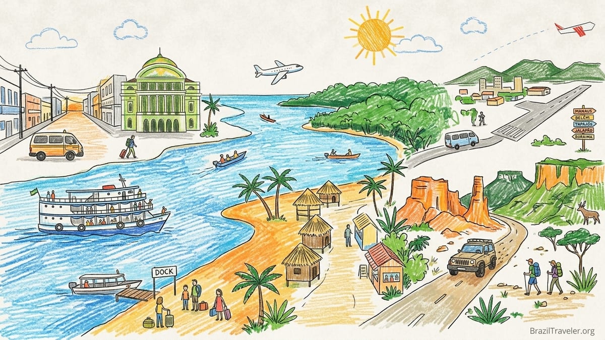 Riverside town in North Brazil with boats, low-rise buildings and forest beyond at sunset