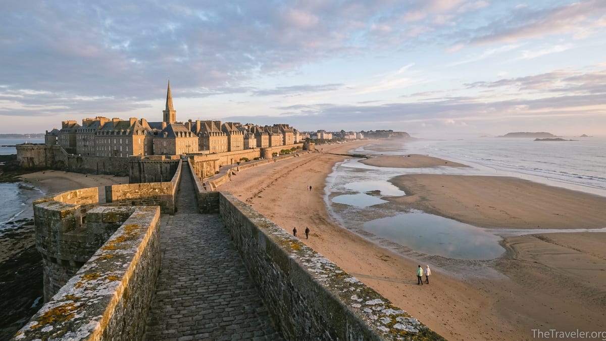 Sunrise view of Saint-Malo ramparts and tidal beach on the Emerald Coast in northern France.