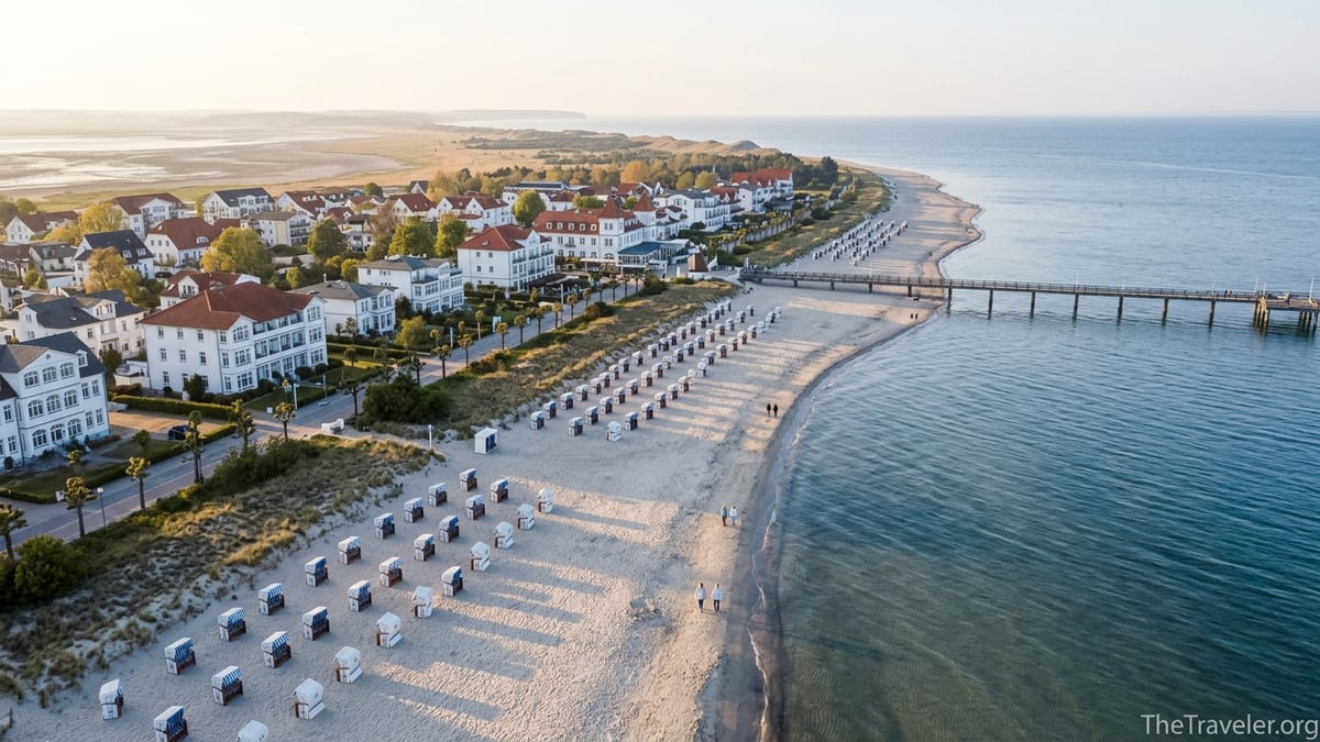 Aerial view of a Northern German Baltic beach town with pier, dunes and spa architecture at sunset.