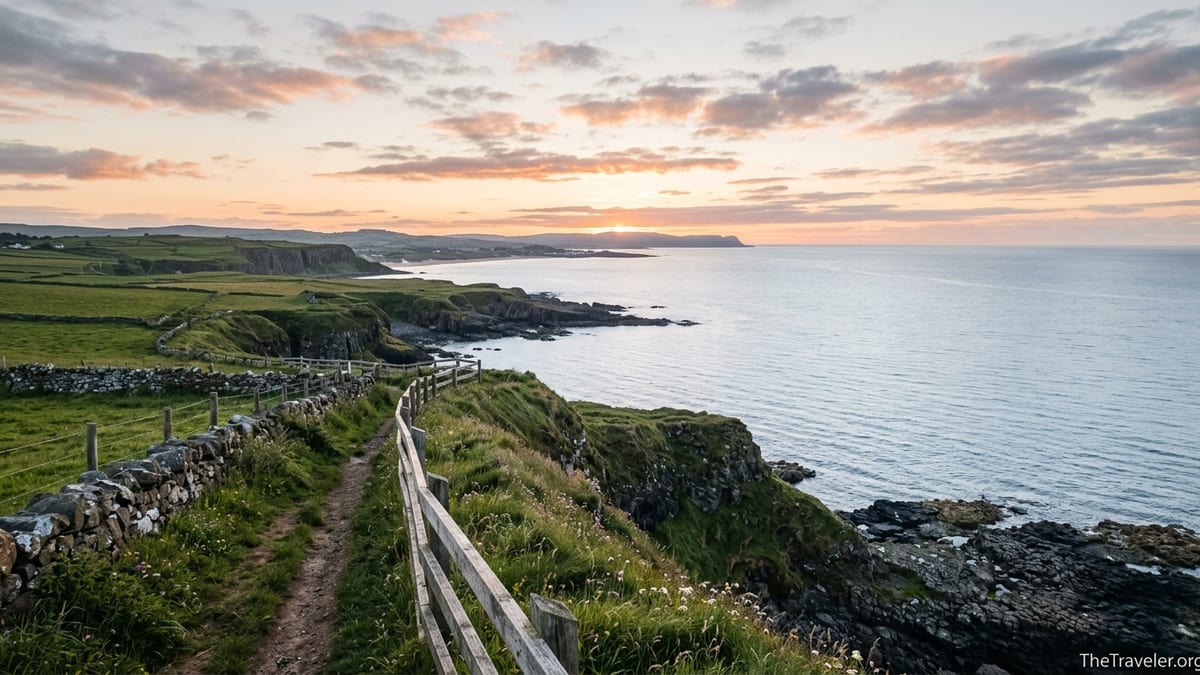Dawn light over Northern Ireland’s Causeway Coast with green cliffs and calm sea.