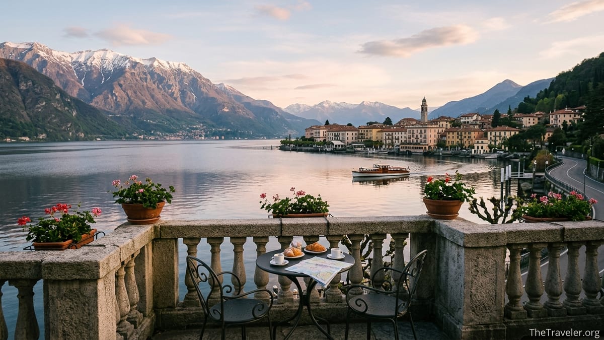 Sunrise over Lake Como from a Bellagio terrace with Varenna and mountains beyond.
