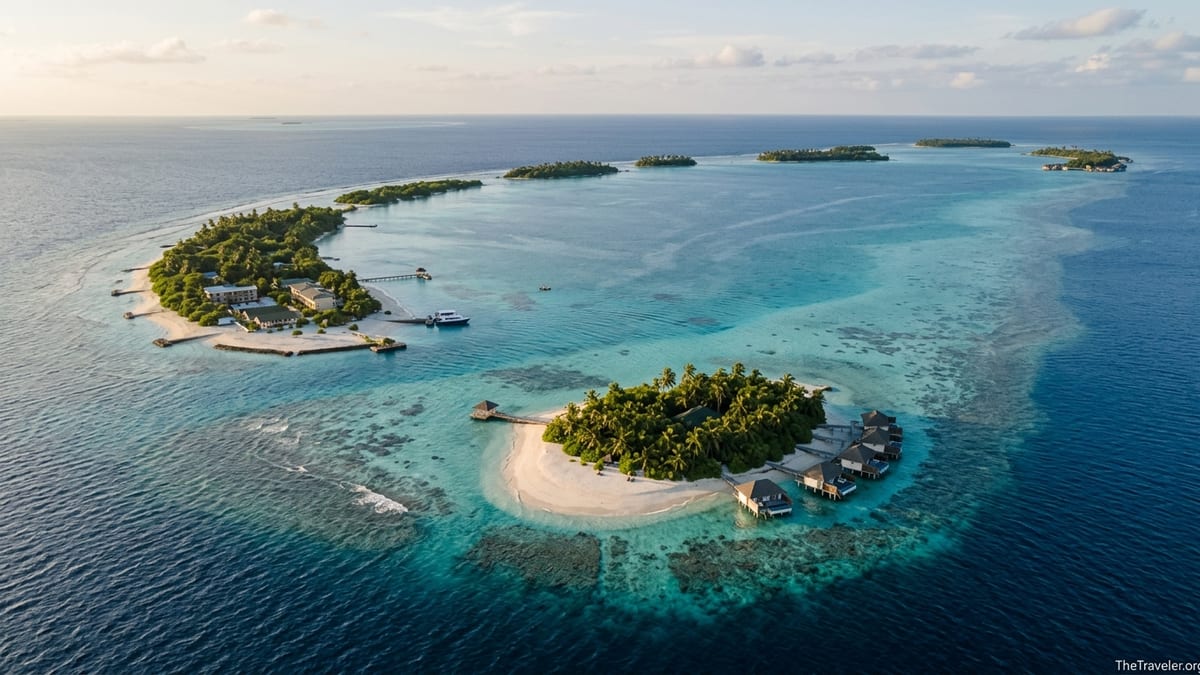 Aerial view of northern Maldives islands showing a resort island and nearby local island in a turquoise lagoon.