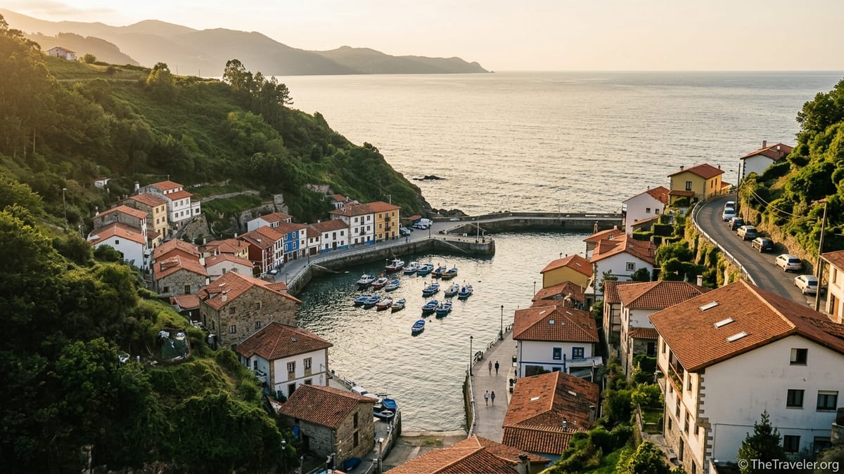 Hillside fishing village on Northern Spain’s coast overlooking a calm harbor at sunset.