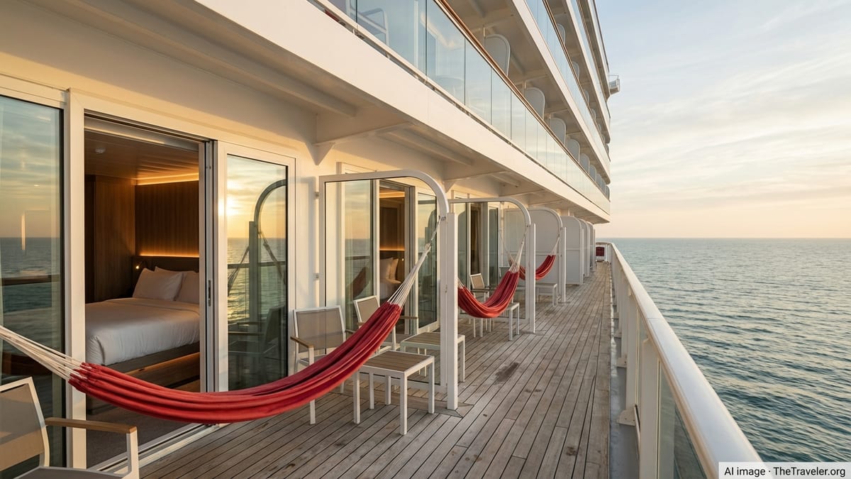 Sea Terrace balconies with red hammocks on a Virgin Voyages ship overlooking a calm ocean at sunset.