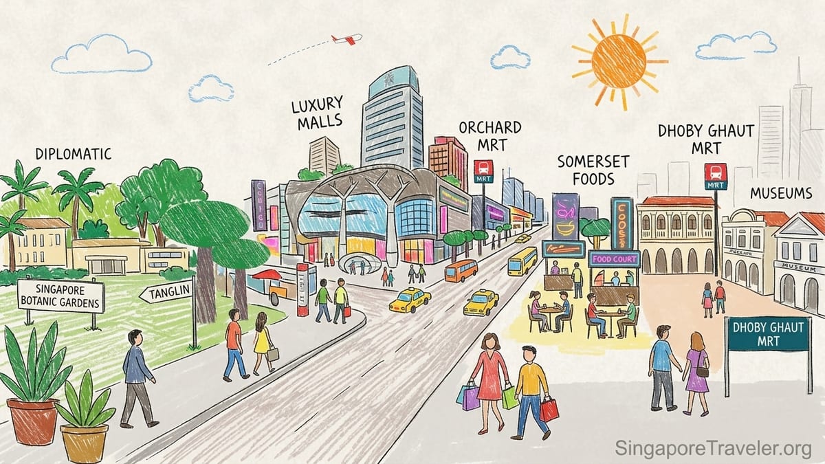 Evening street view of Orchard Road in Singapore with malls, trees and busy sidewalks near Somerset MRT.