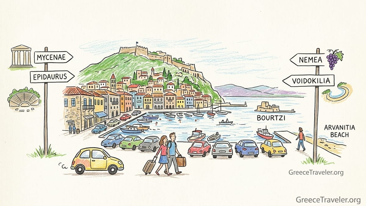 Travelers wheel luggage along Nafplio’s waterfront at dusk, with harbor parking and Old Town lights ahead.