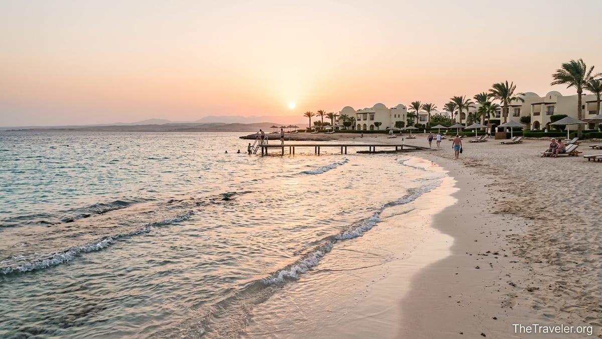 Quiet Red Sea beach at sunset with low rise Egyptian resorts and calm turquoise water.