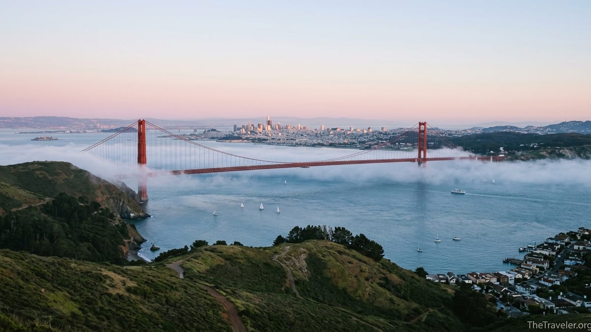 Golden Gate Bridge at dawn with fog, San Francisco skyline and Sausalito in the distance.