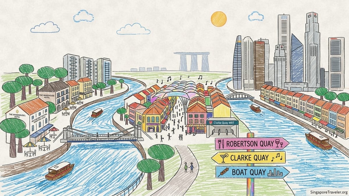 Singapore River with Robertson Quay, Clarke Quay and Boat Quay showing cafés, nightlife and CBD skyline.