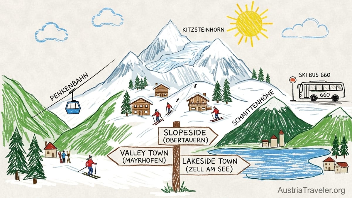 Austrian ski village at dawn with skiers walking toward the gondola and snowy slopes above.