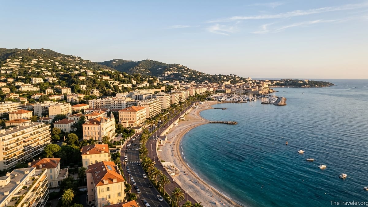 Aerial view of a Southern France coastal city with beaches, harbor and hills at sunset.