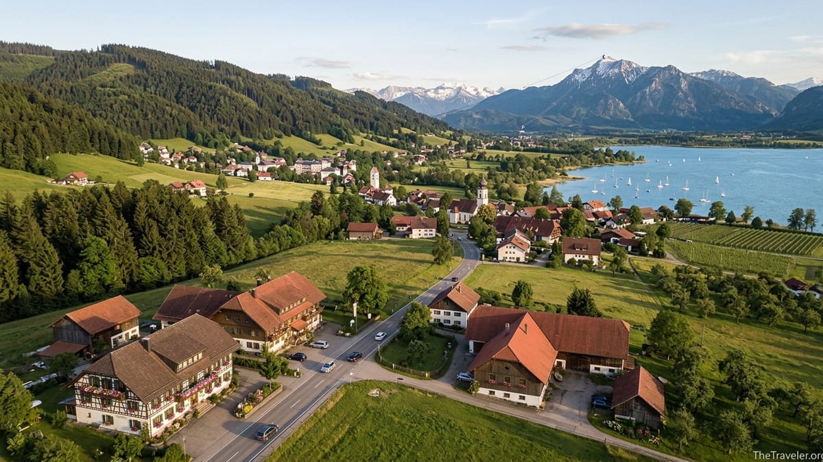 Scenic view of Southern Germany with Black Forest hills, a lake and distant Bavarian Alps at sunset.