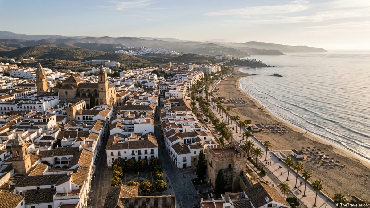 Aerial golden-hour view of a southern Spanish coastal town with whitewashed buildings and a sandy beach.