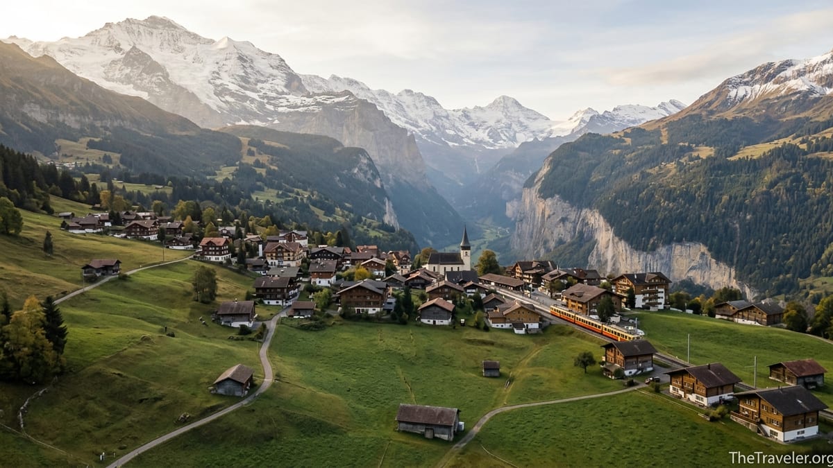 Swiss Alpine village above Lauterbrunnen valley with Eiger, Mönch and Jungfrau peaks at sunrise.