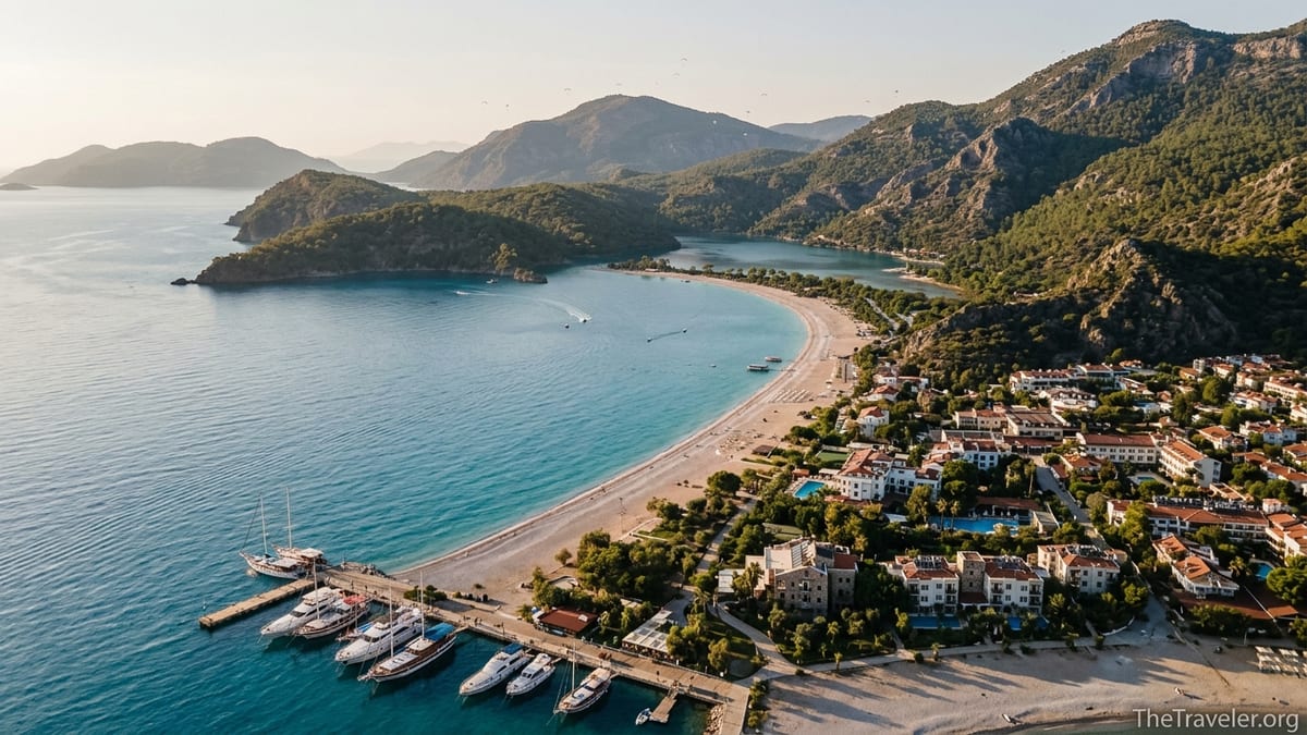 Aerial view of Turkish Riviera bay with marina, beach, pine hills and turquoise sea at golden hour.