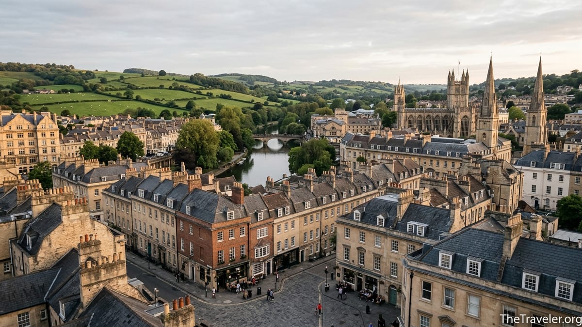 Evening view over a UK town and surrounding green hills with stone houses and river.