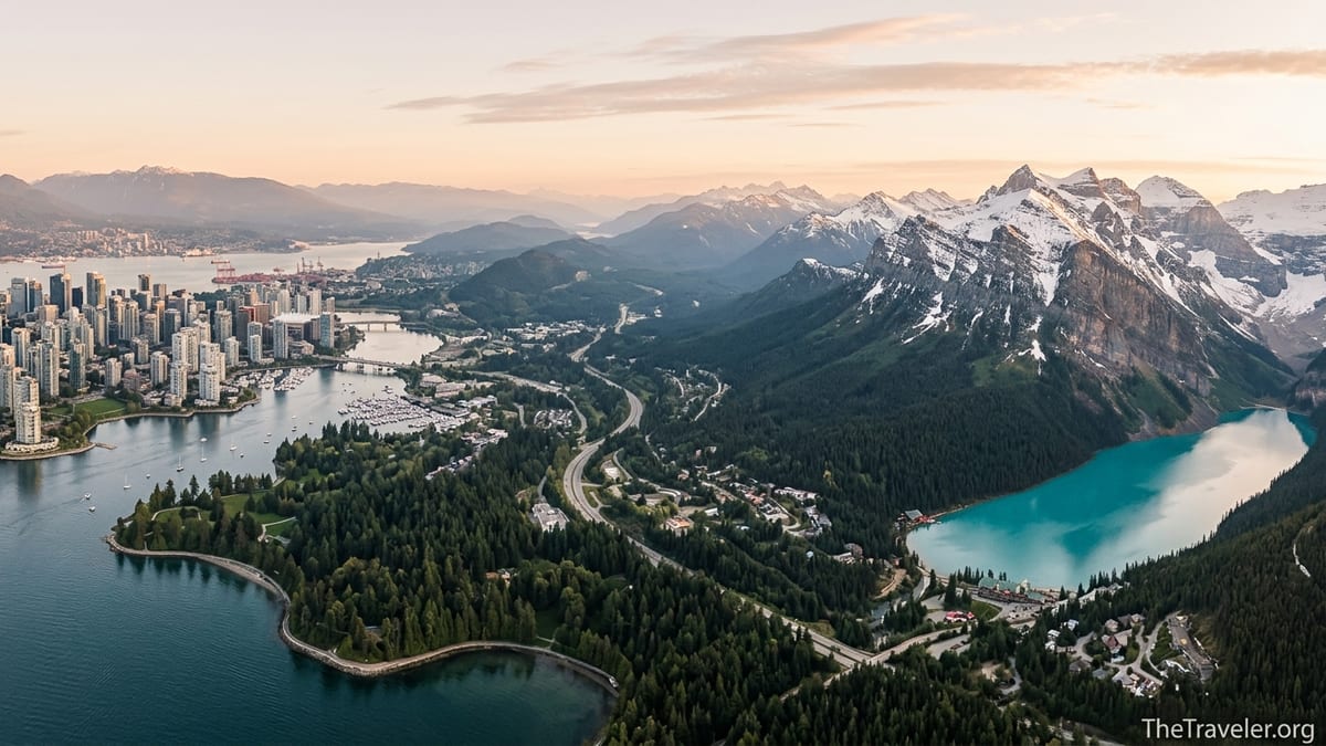 Aerial view of Vancouver skyline fading into Canadian Rockies with lake and highway.