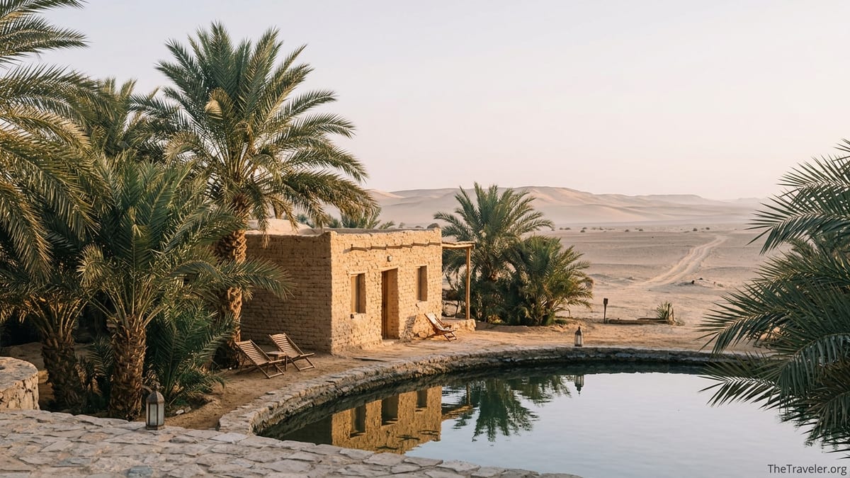 Siwa-style ecolodge by an oasis pool framed by palms and Western Desert dunes at sunrise.