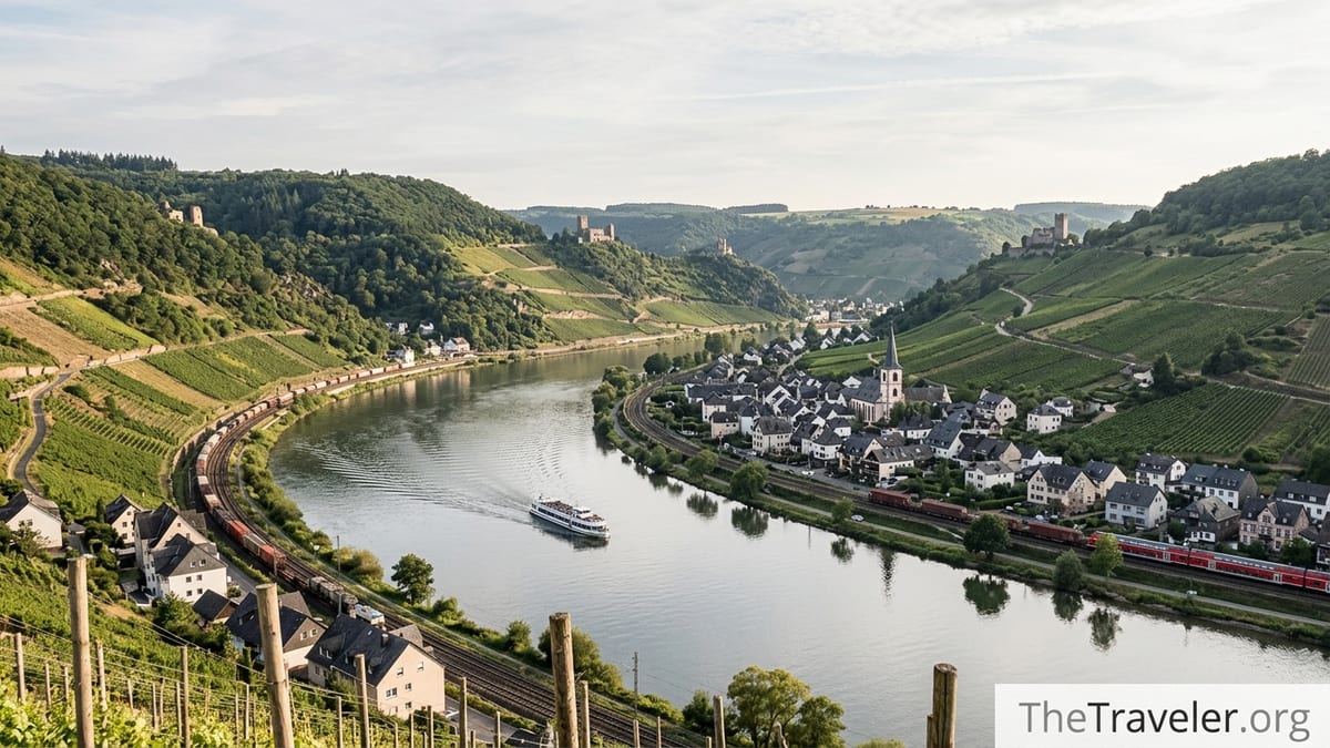 View over Rhine River bend with vineyards, cruise boat and German wine town