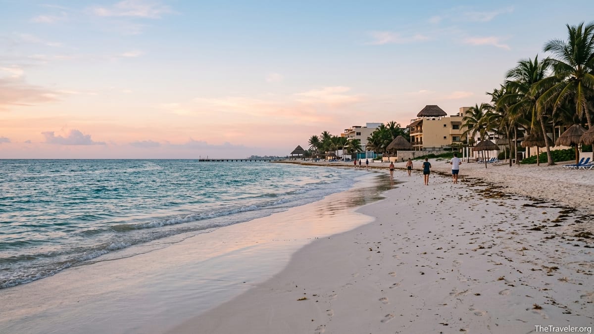 Sunrise over a quiet Caribbean beach in the Yucatán Peninsula with small hotels and calm waves.