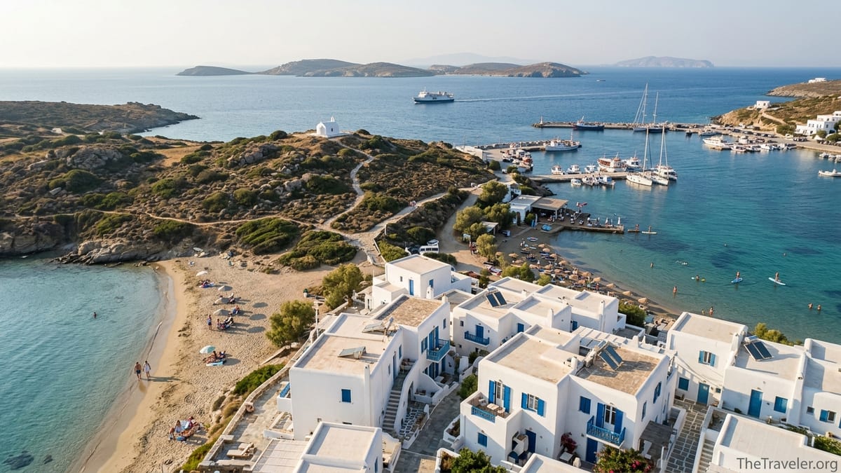 Aerial view of a Greek island bay with whitewashed houses, sandy beaches and hiking trails at golden hour.
